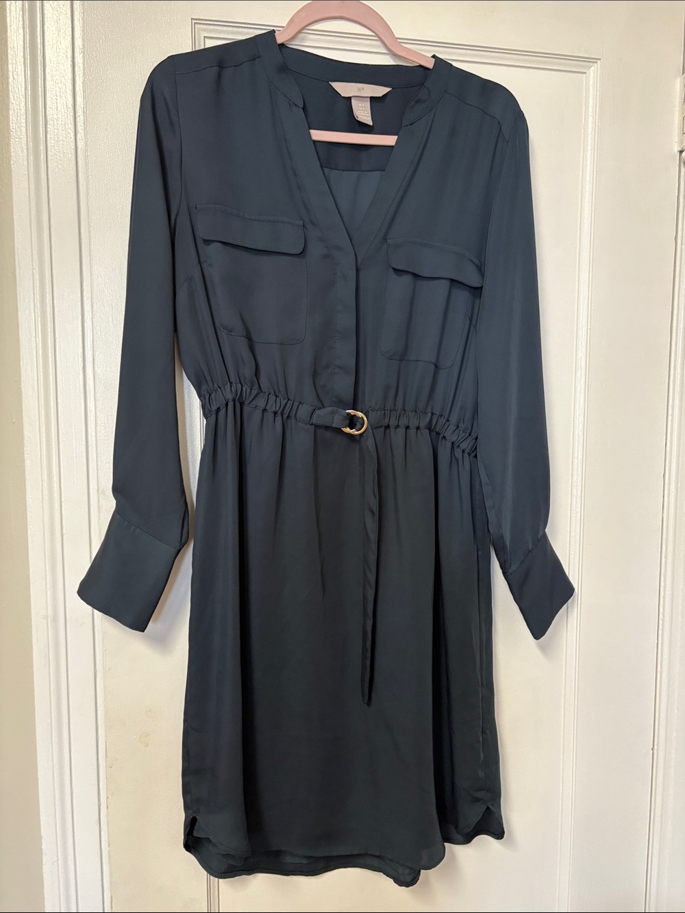H & M Womens Long Sleeve Belted Dress in Teal